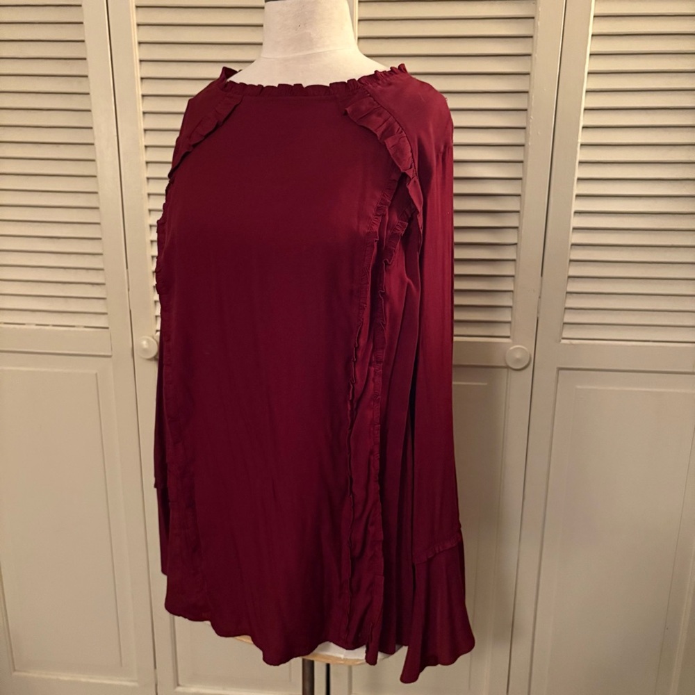 Burgundy Ava & Viv Ruffle Blouse with Bell Sleeves and Back Keyhole Closure 3X